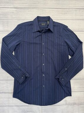Structure Men's Navy and Blue Vertical Stripe Dress Shirt